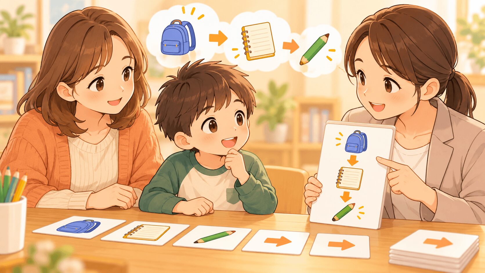 WISCのWMIワーキングメモリについて親子が専門家から説明を受けているイラスト