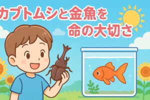金魚とカブトムシを飼育している子供