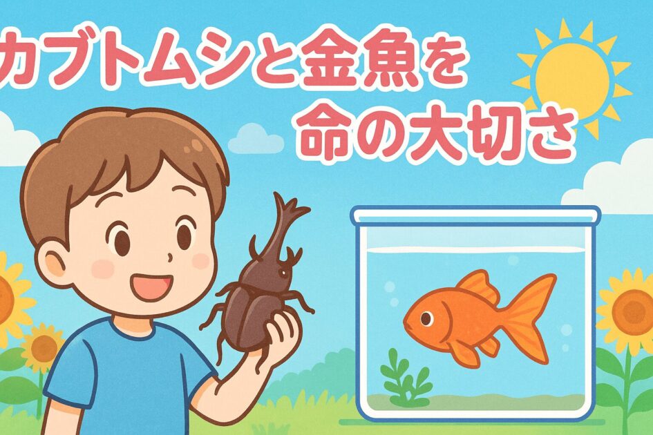 金魚とカブトムシを飼育している子供