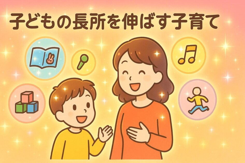 子どもの長所（得意なこと）を思い浮かべている親子の様子