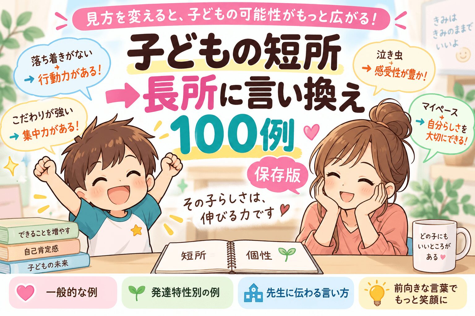 子どもの短所を長所に言い換える100例を紹介する親子のイラスト