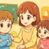 幼稚園で困っている息子と声かける先生とお友達