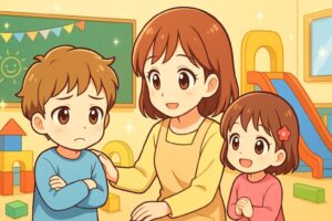 幼稚園で困っている息子と声かける先生とお友達