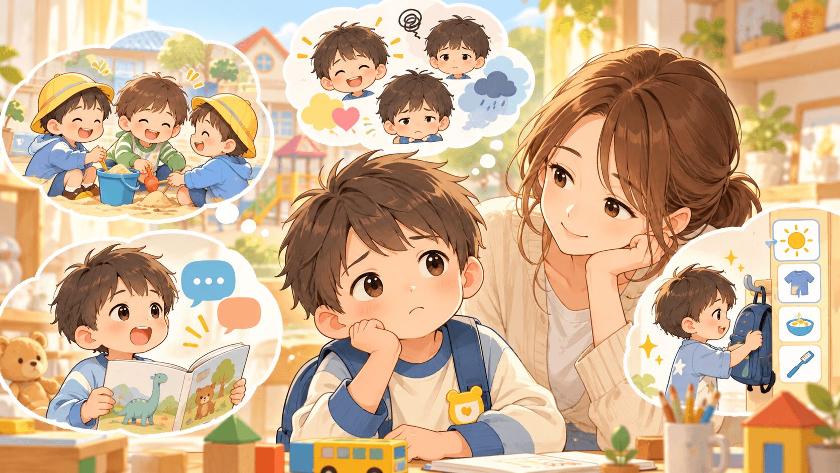 age4-kindergarten-concerns-eyecatch.png 4歳年中の男の子の友達関係・癇癪・言葉・生活習慣の悩みを母親が見守るイラスト