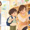 登園後の準備を視覚チェックリストで確認する子どもと先生のイラスト