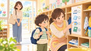 登園後の準備を視覚チェックリストで確認する子どもと先生のイラスト