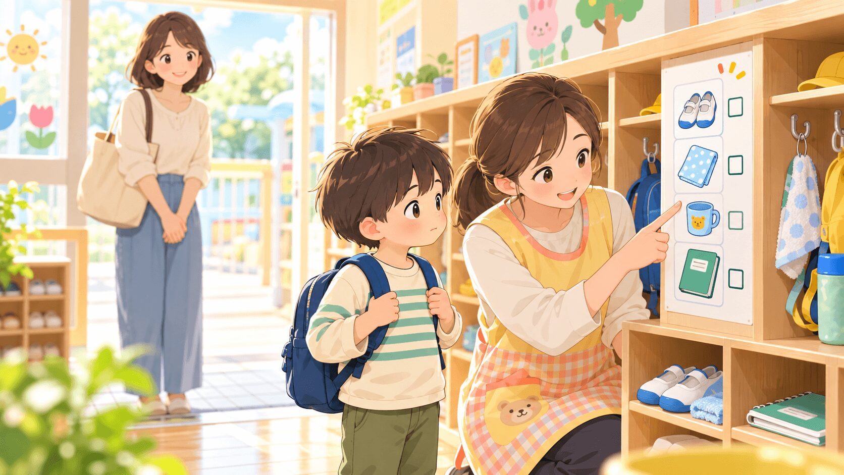 登園後の準備を視覚チェックリストで確認する子どもと先生のイラスト