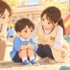 幼稚園でお友達トラブルが起きた男の子を母親と先生がやさしく見守るイラスト