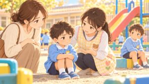 幼稚園でお友達トラブルが起きた男の子を母親と先生がやさしく見守るイラスト