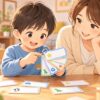 幼稚園で友達ができない男の子が母親と名前カードを見ながらお友達を覚えるイラスト