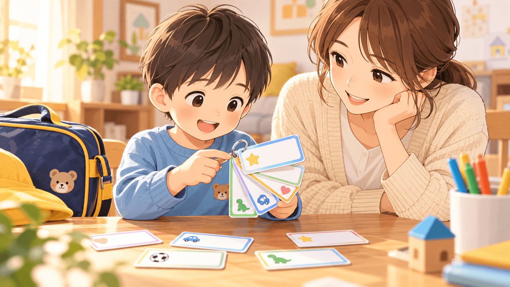 幼稚園で友達ができない男の子が母親と名前カードを見ながらお友達を覚えるイラスト