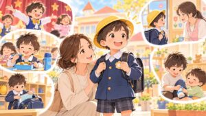 年長の男の子が急にできることが増え母親が成長を見守るイラスト