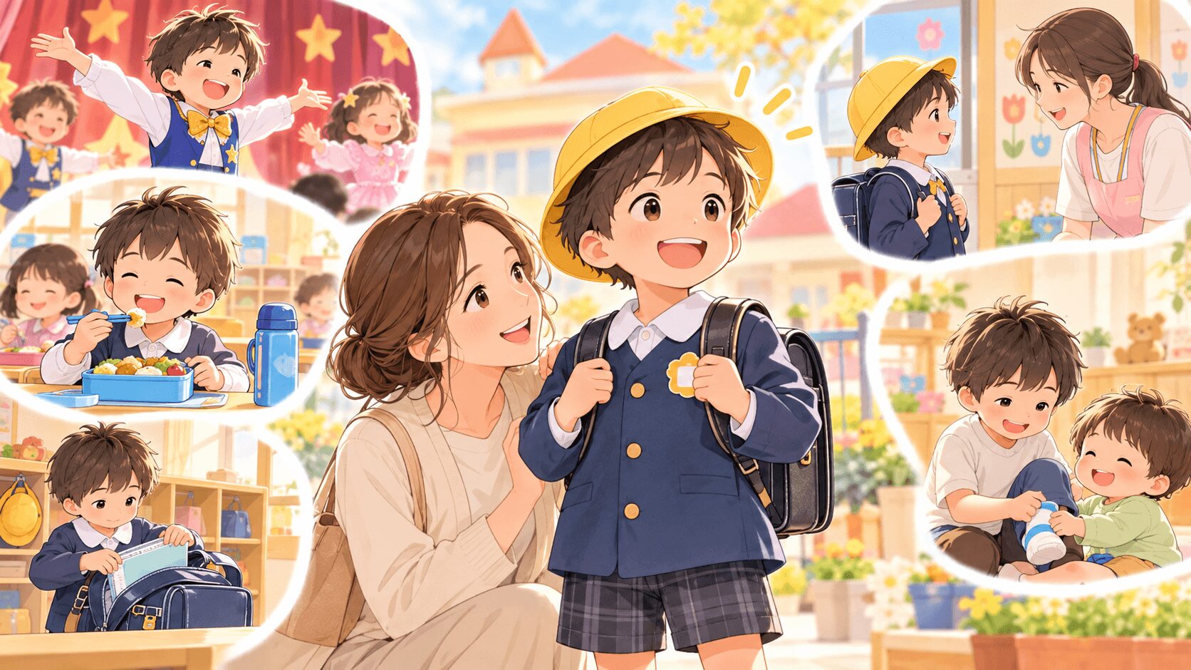 年長の男の子が急にできることが増え母親が成長を見守るイラスト