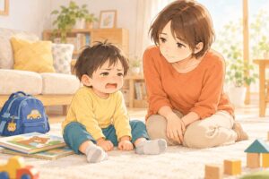 年少の3歳の子どもが泣くそばで、目線を合わせて寄り添う母親