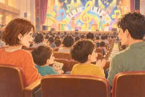 しまじろうのステージを、家族4人で楽しむイメージイラスト