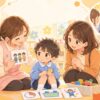 幼稚園生活で困りごとがある子どもを先生と母親がやさしく支えるイラスト