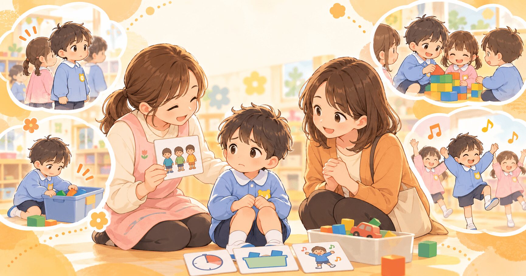 幼稚園生活で困りごとがある子どもを先生と母親がやさしく支えるイラスト