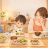 幼児の偏食を見守りながら家族で食事を楽しむ様子