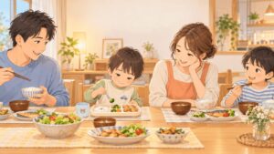 幼児の偏食を見守りながら家族で食事を楽しむ様子