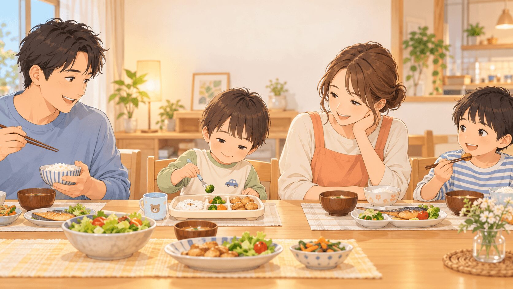 幼児の偏食を見守りながら家族で食事を楽しむ様子