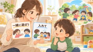 一緒に遊ぼうと入れての違いをカードで学ぶ親子のイラスト