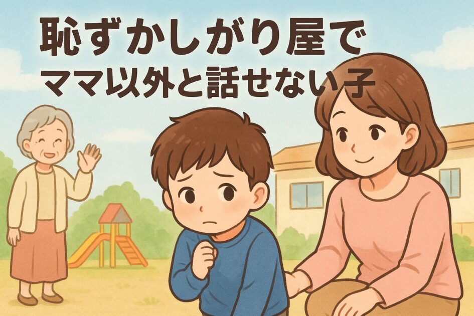 恥ずかしがり屋でママの後ろに隠れる6歳の男の子と見守る母