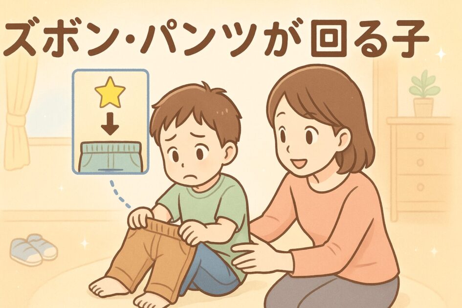 ズボンを履くトレーニングをしている子ども