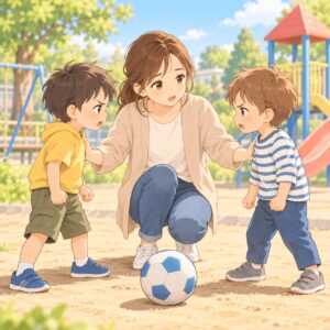 公園で友達トラブルになった子どもを母親が落ち着かせるイラスト