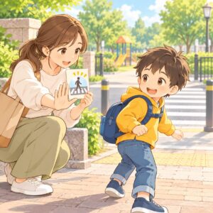 危険予測が苦手な子どもに安全ルールを伝える親子のイラスト