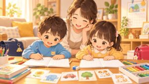 nencho-one-sentence-writing-eyecatch.png 年長の男の子と女の子が入学準備として1日1作文に取り組むイラスト