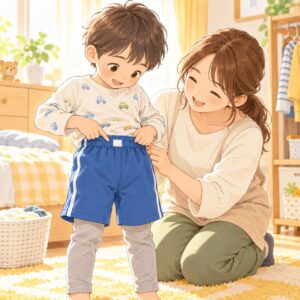ズボンが回る子どもに母親が着替え練習をサポートするイラスト