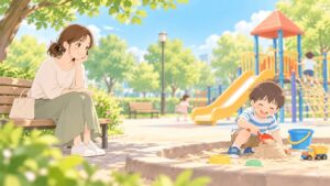 公園で遊ぶ子どもを少し離れて見守る母親のイラスト
