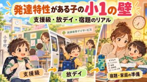 発達特性がある子の小1の壁として支援級と放デイと宿題の流れを表したイラスト