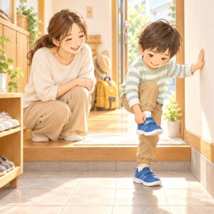 小学校入学前の子どもが玄関で立って靴を履く練習をする親子のイラスト
