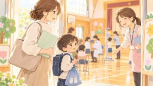 就学前検診で小学校に到着した親子が受付で案内されているイラスト