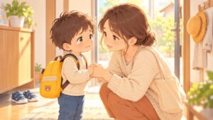 登園前に涙が出ている男の子に母親がやさしく声をかけるイラスト