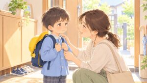 登園前に不安そうな幼児へ母親がやさしく声をかけるイラスト