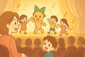 地域イベントの発表会を観覧する親子