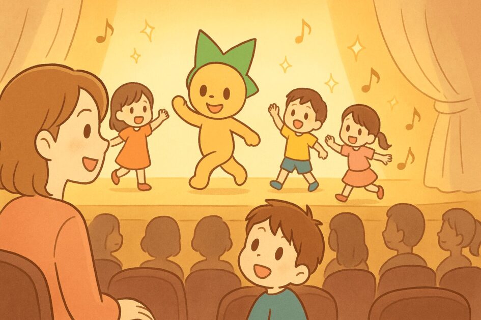 地域イベントの発表会を観覧する親子