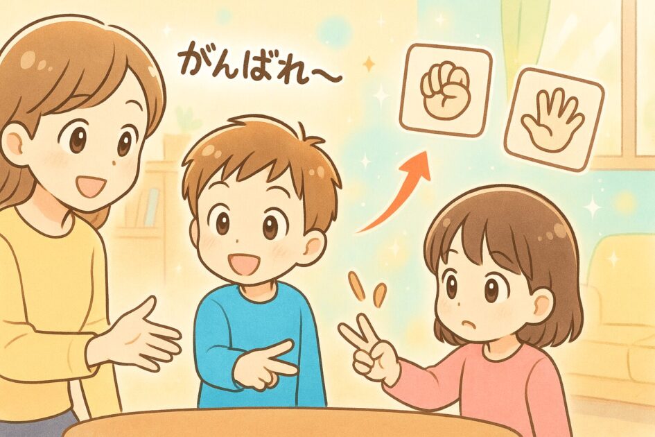 じゃんけんをしている親子