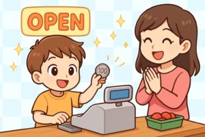 お店屋さんごっこのレジ前、子どもが100円を数えてレジに入れようとしている、ママが「すごいね！」と拍手している姿