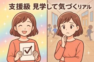 支援級の見学様子。左半分：期待して嬉しそうなママ 右半分：見学して少し戸惑っているママ