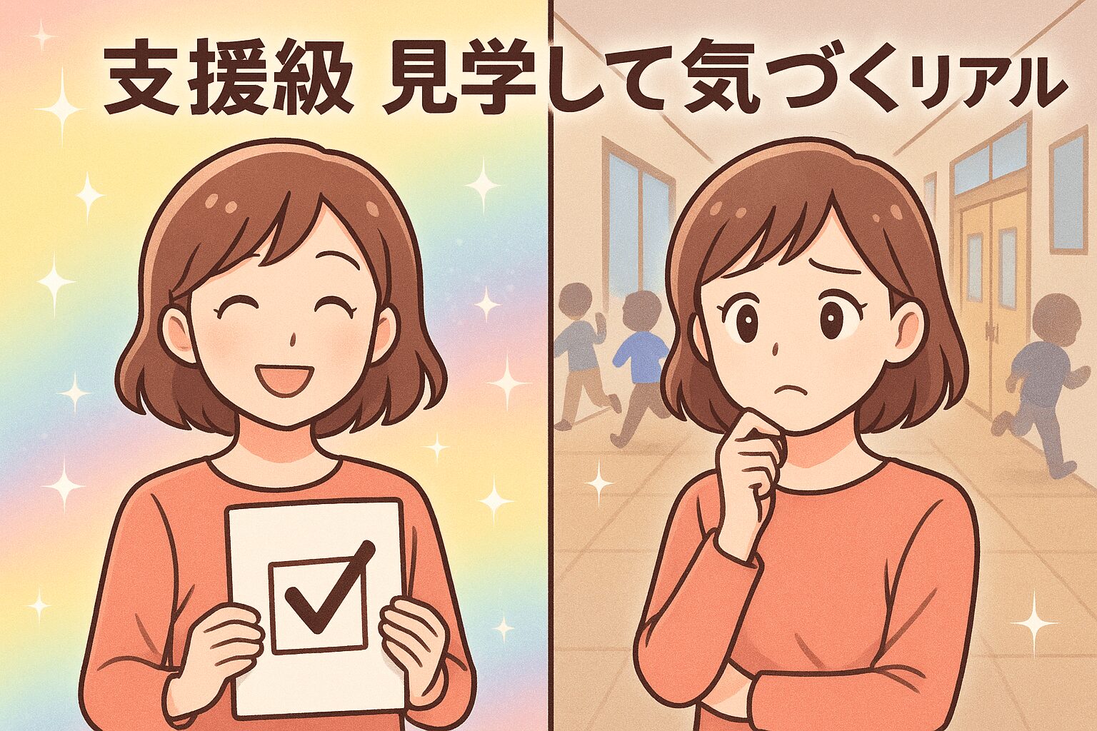 支援級の見学様子。左半分：期待して嬉しそうなママ 右半分：見学して少し戸惑っているママ