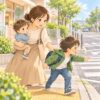 道路に飛び出しそうな子どもを母親がとっさに止めるイラスト