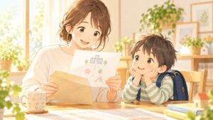 就学判定の結果通知が届き親子で内容を確認しているイラスト