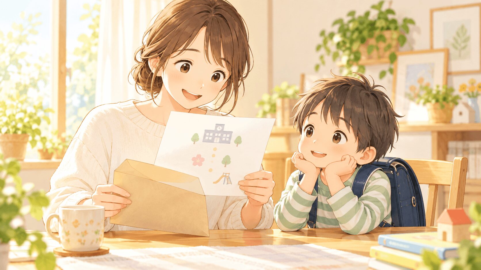 就学判定の結果通知が届き親子で内容を確認しているイラスト