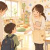 支援級見学で親子が明るい教室に入り先生に迎えられているイラスト