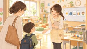 支援級見学で親子が明るい教室に入り先生に迎えられているイラスト