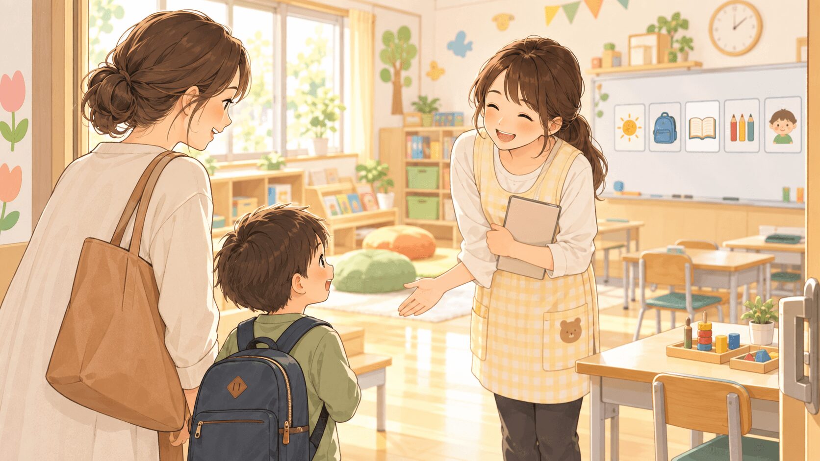 支援級見学で親子が明るい教室に入り先生に迎えられているイラスト