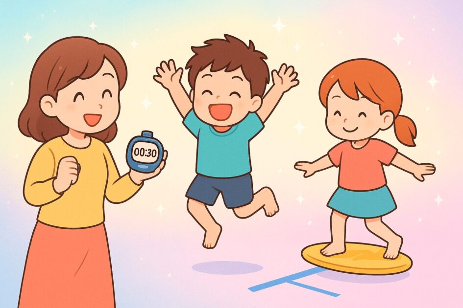 運動している子供とタイマーを持ってサポートしているママ